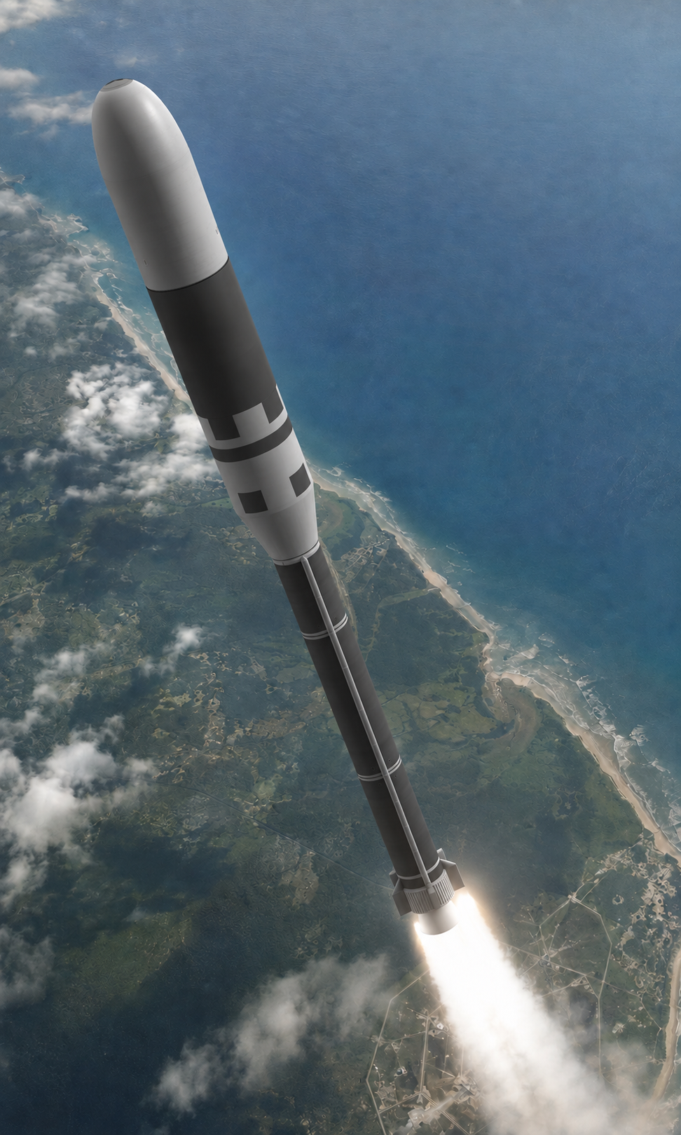 Illustrated AllStar-1 launch vehicle ascending above the Guiana coast