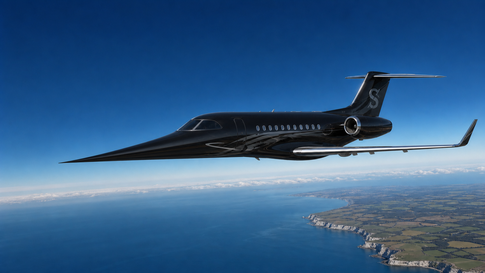 Black-livery Starshot S-111 private jet concept with a pointed nose and canards above the British coastline