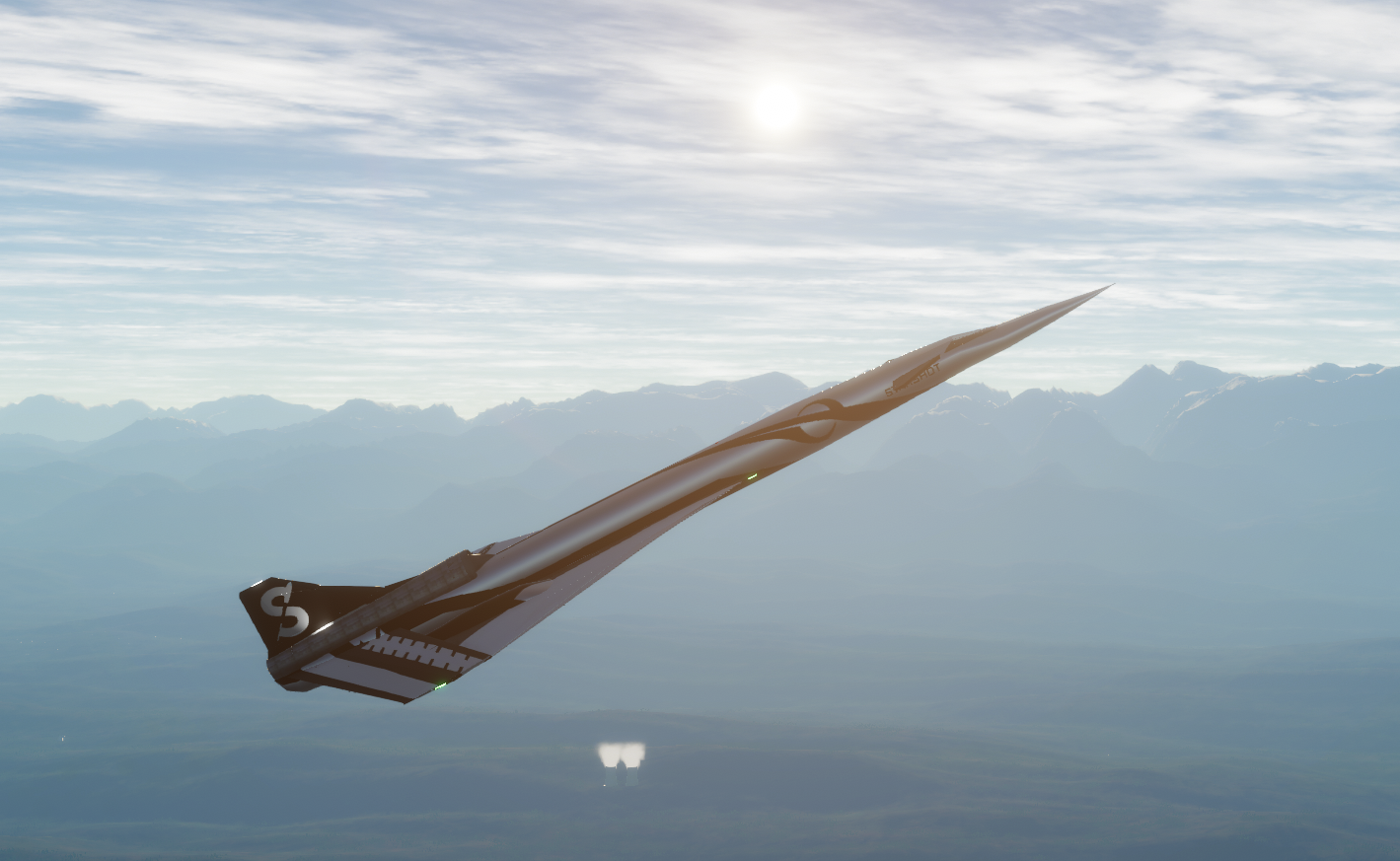 Starshot S-211 joined-wing supersonic transport concept climbing above mountains
