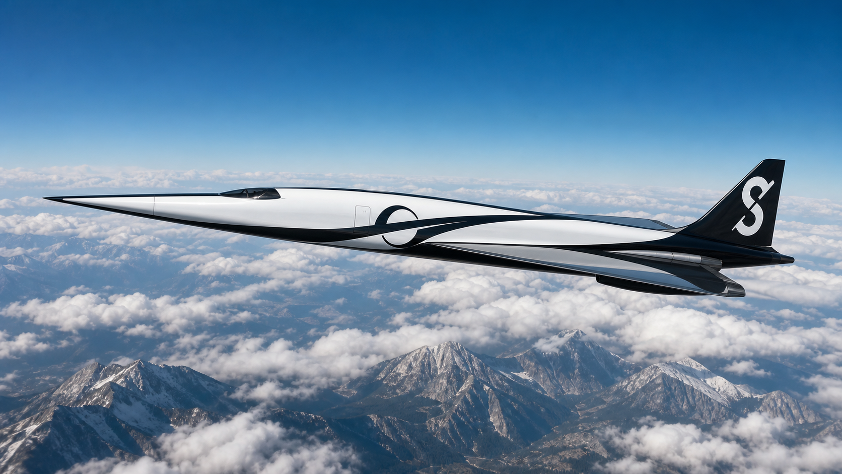 White-and-black Starshot S-211 joined-wing supersonic transport concept with ten cabin windows above mountains