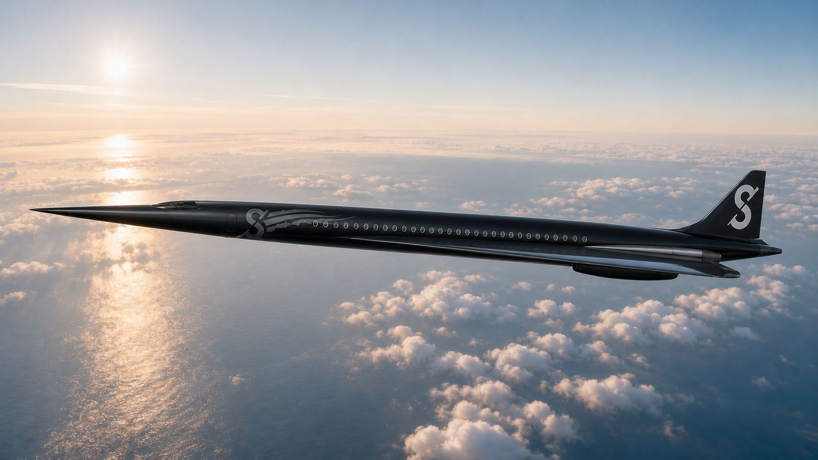 Long black-livery Starshot S-221 freight aircraft concept above ocean clouds