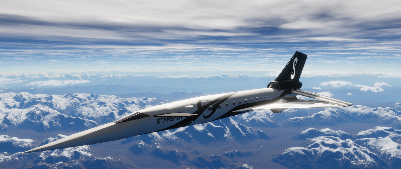 Starshot S-211 supersonic transport concept above mountains